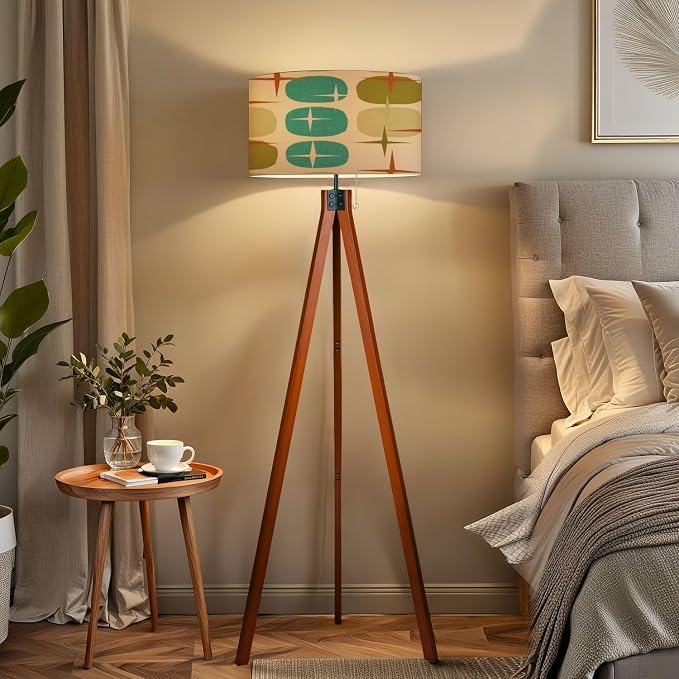 Wood Tripod Floor Lamp Retro Abstract Era Seamless 1950s 1960s 1970s modern abstract texture Mid Century Standing Lamp Linen Shade Dimmable Modern Tall lamp Home Decor for Living Room Bedroom Office
