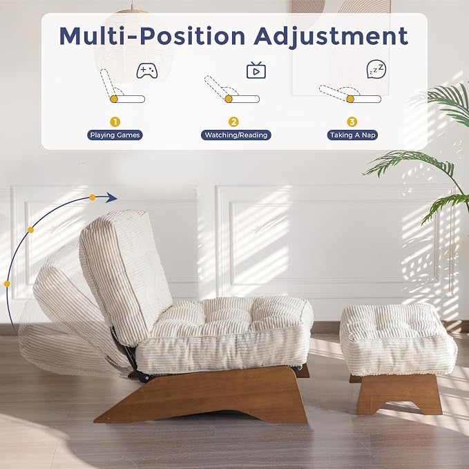 MAXYOYO Accent Chair with Ottoman Adjustable Backrest, Tufted Living Room Chair Upholstered Lounge Chair with Footrest Set, Modern Chair Cozy Reclining Chair for Reading Room, Beige
