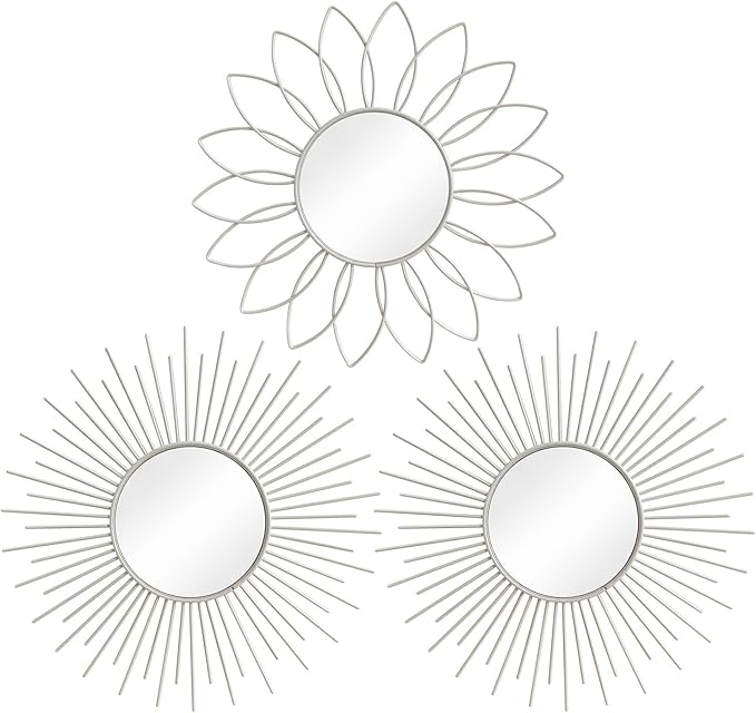 3 Pack Metal Mirrors for Wall Sunburst Wall Mirrors Home Décor Decorative Hanging Wall Art for Living Room Bedroom Entryway (White, Flower+Sunburst)