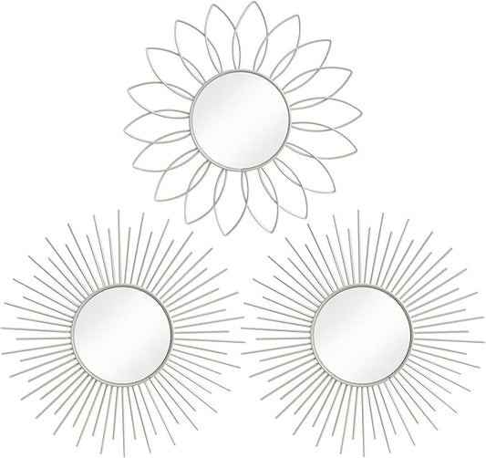 3 Pack Metal Mirrors for Wall Sunburst Wall Mirrors Home Décor Decorative Hanging Wall Art for Living Room Bedroom Entryway (White, Flower+Sunburst)