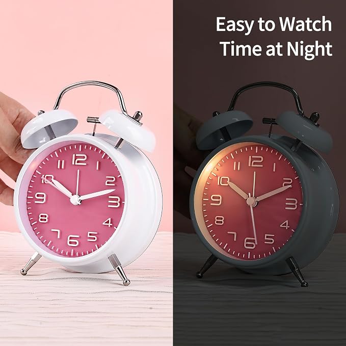 pxy Loud Alarm Clock for Heavy Sleepers 3D Dial Battery Operated (Battery Include), 4" Super Silent Analog Alarm Clock for Kids with Night Light PT260 Silver OrangePT505 White Pink