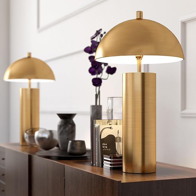 Henn&Hart 27" Mid-Century Modern 1-Light Table Lamp with Gold Metal Dome Shade for Living Room, Bedroom, or Office, Gold