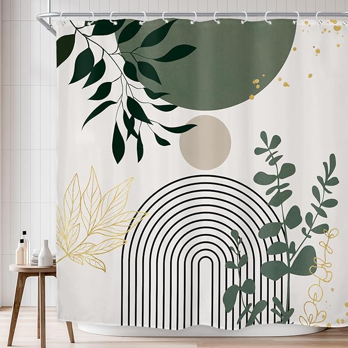 Riyidecor Sage Green Mid Century Modern Shower Curtain for Bathroom Decor 72Wx72H Boho Abstract Gold Leaves Minimalist Geometric Arch Sun Art Printed Fabric Polyester Waterproof 12 Pack Plastic Hooks