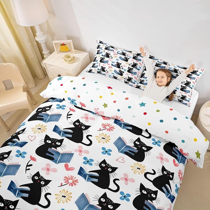 Erosebridal Kawaii Pet Cat Comforter Cover Full Black Kitten Cat Lovers Bedding Set Trendy Preppy Florals Duvet Cover for Kids Girls Boys Adults Cute Animals Reading Aesthetic Bed Set