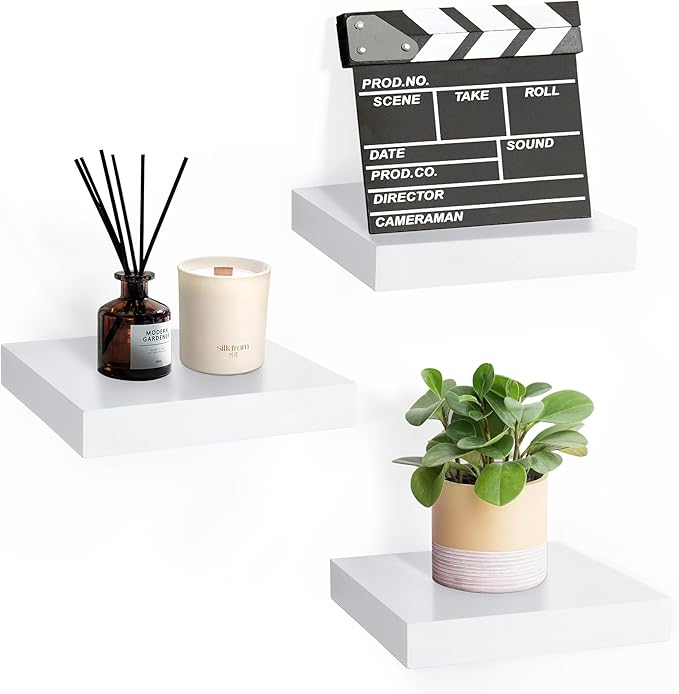 Sorbus 9X9 Inch Floating Shelves for Wall – Square Floating Shelf with Invisible Mounting Bracket for Kitchen, Bedroom, Living Room & Bathroom Decor – Rustic Showcase Wall Shelf (White, 3 Pack)