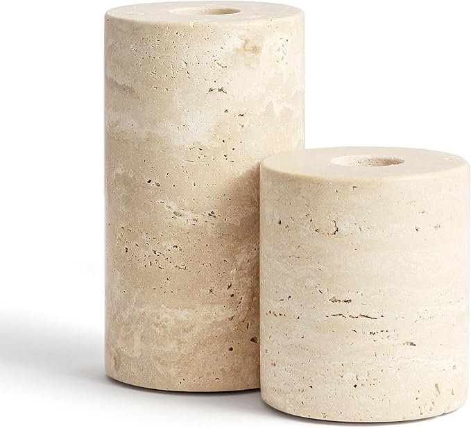 WORHE Candle Holders True Natural Marble Set of 2 Decorative Candlestick Holder for Table Centerpieces Home Dinning Party Wedding Birthday Premium Candles Stand for 3/4 inch Candles Beige (ZT017R)