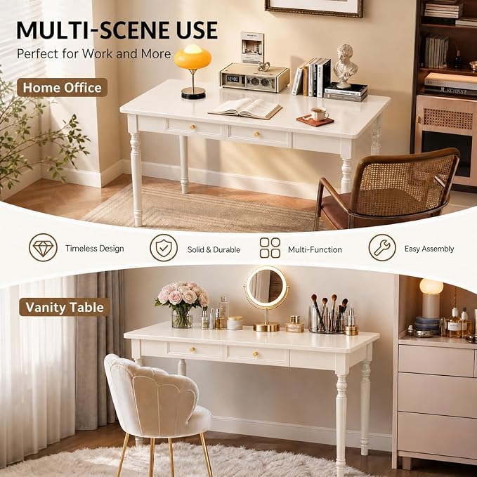 Walnut Writing Desks with Drawers, 47" Solid Wood French Country Style Computer Desk for Home Office, Living Room Study Workspace or Bedroom, Traditional Vanity Dressing Table