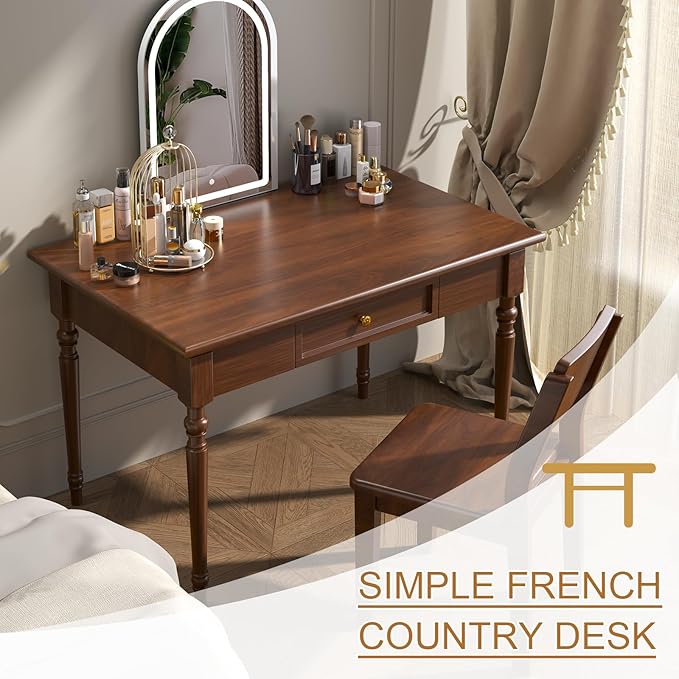 Solid Wood French Country Desk,Writing Desk with Storage Drawers,Farmhouse Computer Table Makeup Table Modern Simple Style,for Home Office Living Room Study Workspace Bedroom (Walnut, 31.5IN)