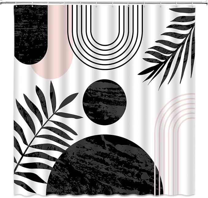 Mid Century Modern Shower Curtain Boho Black Abstract Retro Aesthetic Fabric for Bathroom Decor Bathtub with Hooks (67" WX70 H)