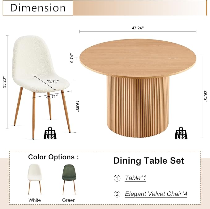 Dining Table Set for 4, Mid Century Modern 47 Inch Wooden Round Dining Table Set, Space Saving (Table + 4 White Chairs)