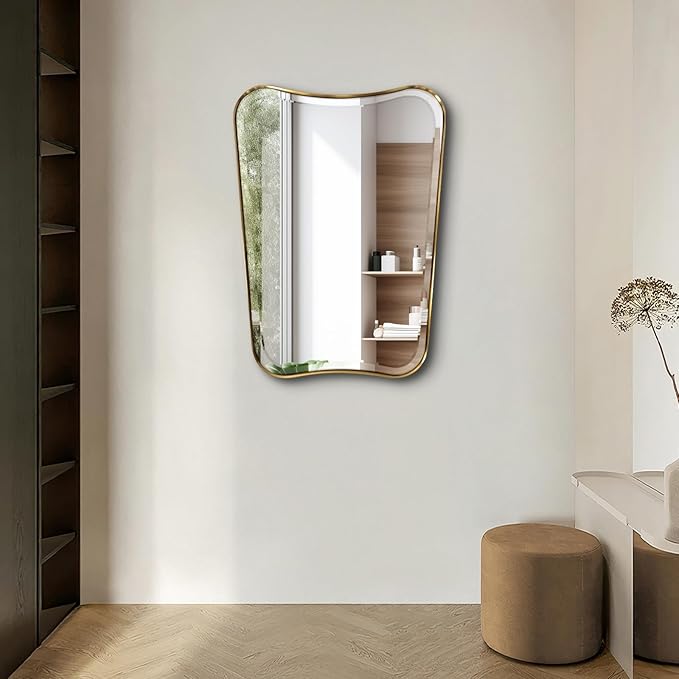 POZINO Bathroom Vanity Mirror, 22"x30" Brushed Gold Beveled Mirror in Premium Stainless Steel Frame, Antique Brass Irregular Shaped Mirrors for Living Room Bathroom Bedroom Hallway Entryway