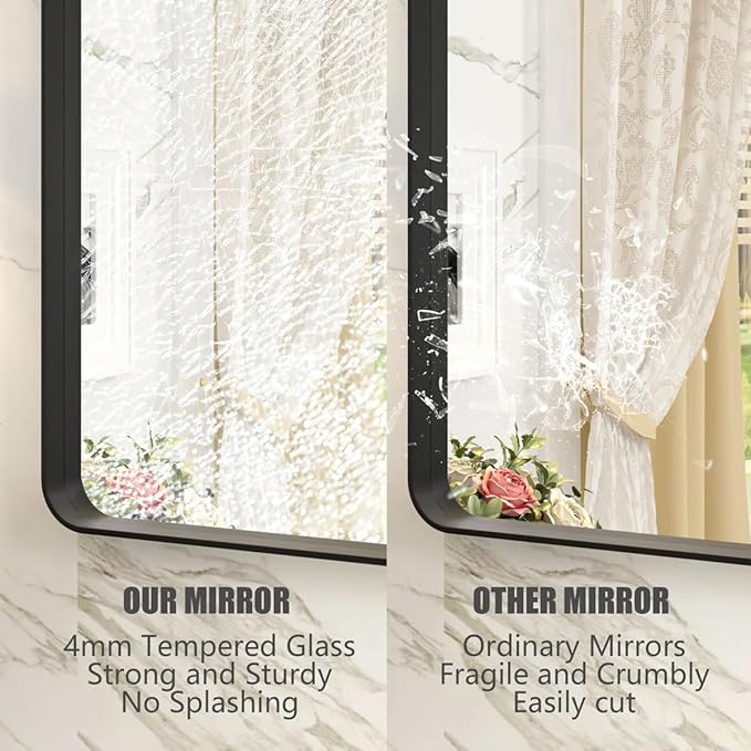 55x40 Inch Black Metal Framed Bathrrom Mirror for Wall, Black Matte Rounded Rectangle Bathroom Vanity Mirror, Anti-Rust, Tempered Glass, Hangs Horizontally or Vertically