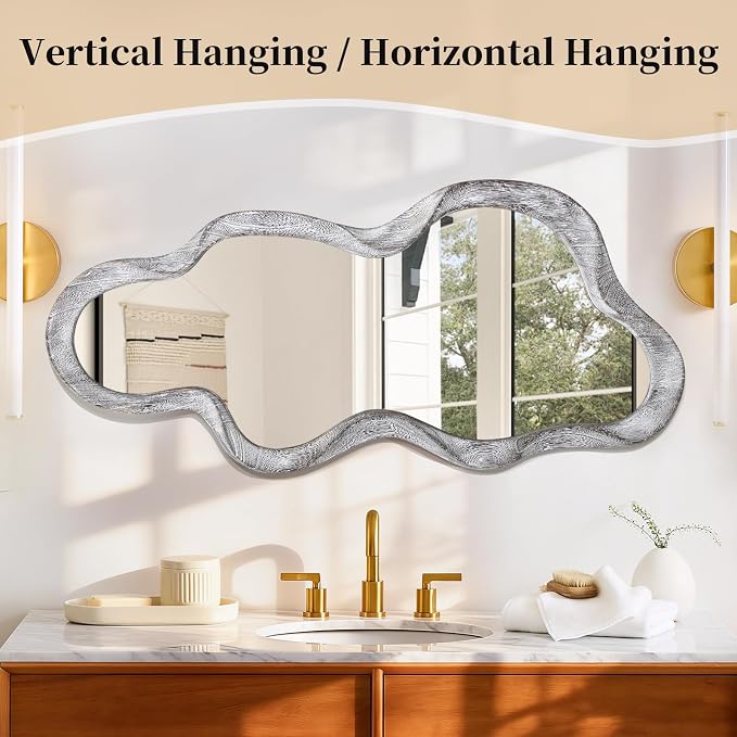 Irregular Wooden Framed Wall Mirror Modern Asymmetrical Unique Hanging Mirror Artistic Unique Cloud Shape Wall Decor Bathroom Vanity Bedroom Living Room Entryway Hallway Large 47" x 22"