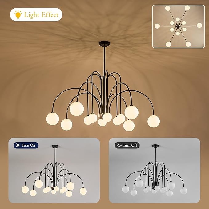 L52” Modern Sputnik Chandelier Large 12 Lights Mid Century Milk Glass Globe Ceiling Pendant Lighting Luxury for High Ceiling Foyer Staircase Living Dining Room