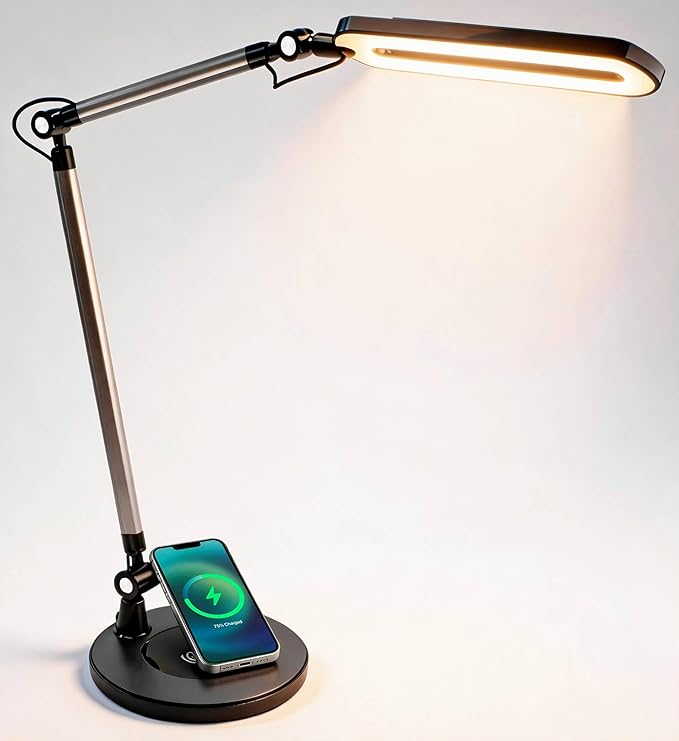 OTUS LED Architect Desk Lamp for Home Office with Wireless Charger, Adjustable Swing Arm, 32 in Tall, 11.8 in Panel, 3 Color Modes, 12 Dimmable Levels, Eye-Caring for Reading, Study, Video Calls
