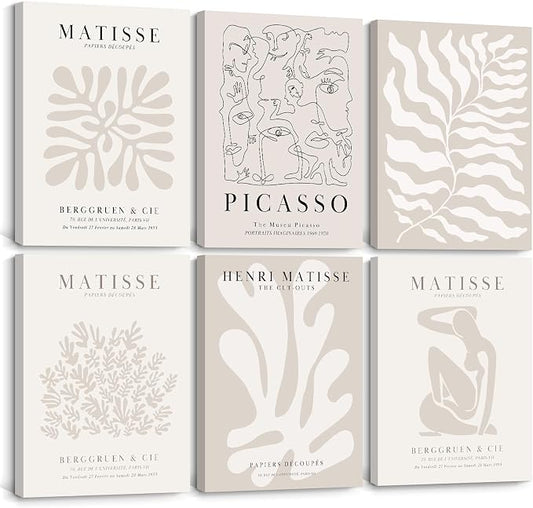 Henri Matisse Wall Art Prints Flower Abstract Canvas Pictures Aesthetic Beige Wall Art Decor Matisse Picasso Poster Gallery Vintage Painting Artwork for Bedroom 8x10 Inch Set of 6 Ready to Hang