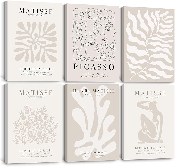Henri Matisse Wall Art Prints Flower Abstract Canvas Pictures Aesthetic Beige Wall Art Decor Matisse Picasso Poster Gallery Vintage Painting Matisse Artwork for Bedroom 12x16 Inch Set of 6 Ready to Hang