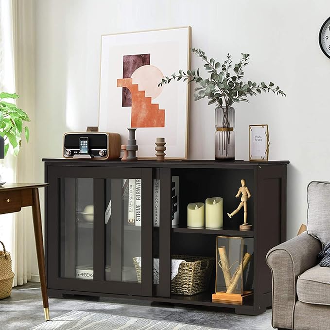 Sideboard Buffet Cabinet, Stackable Cupboard Storage Table with Adjustable Shelf & Glass Sliding Doors, Wooden Credenza Coffee Bar Cabinet for Kitchen/Dining Room/Living Room/Entryway (Coffee)
