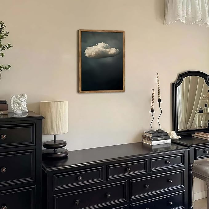 Dark Moody Cloud Wall Art Vintage Sky White Cloud Wall Decor Picture, Maximalist Canvas Print painting Cloudscape Abstract Artwork for Living Room Bedroom 16x24 inch Wood Framed
