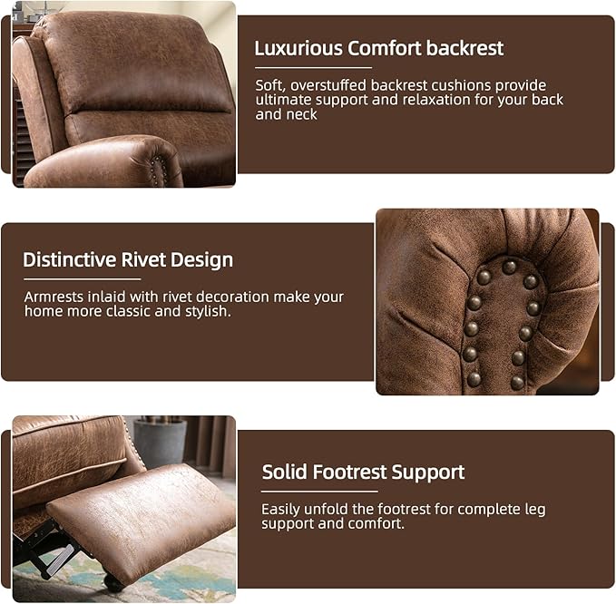 Push Back Recliner Chair Faux Leather Lounge Armchair with Rivet Decoration Wingback Single Sofa Chair with Padded Seat Solid Wood Legs for Living Room, Comfy Upholstered Set of 2, Chocolate