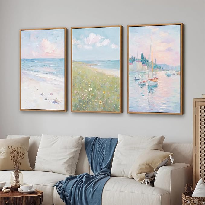 Rantodecor Impressionist Framed Canvas Wall Art, Vintage Italy Coastal Sailboat Wall Decor, Light Blue and White Posters Art Prints, Pastel Beach House Artwork for Bedroom Living Room Office 16"x24"x3
