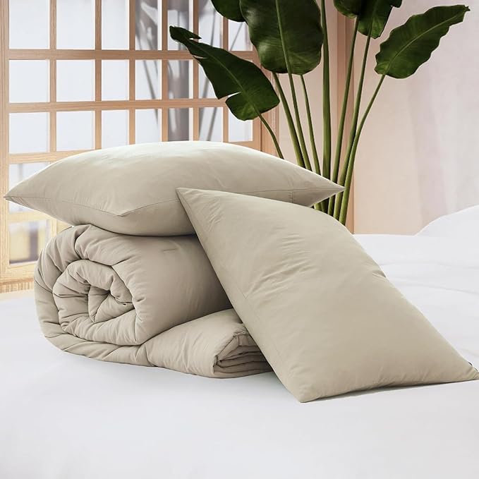 WRENSONGE King Size Comforter Set - 3 Pieces Light Oatmeal Comforter Prewashed Soft Lightweight for All Seasons,Fluffy Down Alternative Comforter King Size with 2 Pillow Shams