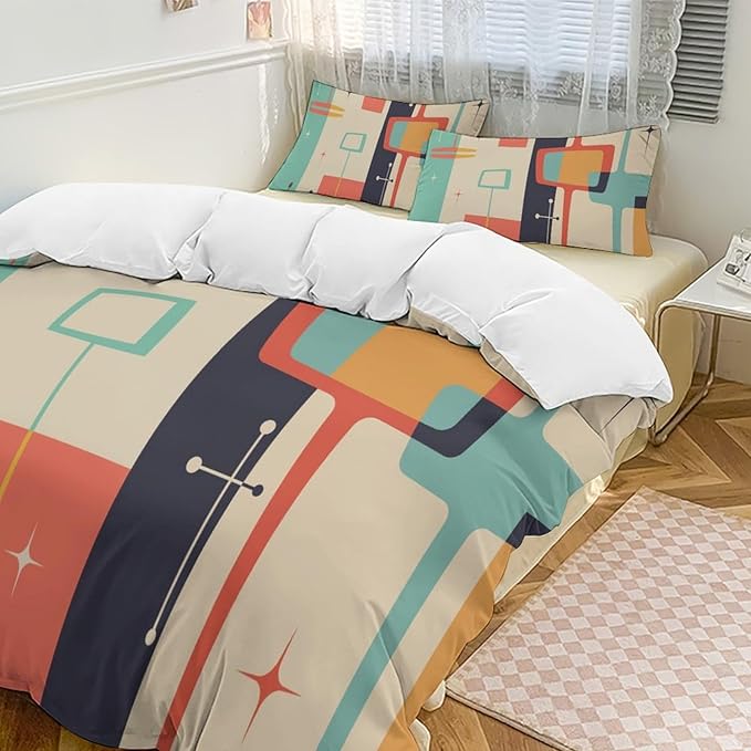 Mid Century Duvet Cover Queen Retro Atomic Bedding Set, Rainbow Grid Comforter Cover Vintage Fifties 1950s Bed Set，Abstract Art Bedding 3 Piece (1 Duvet Cover 90"x90" + 2 Pillow Sham 20"x30")