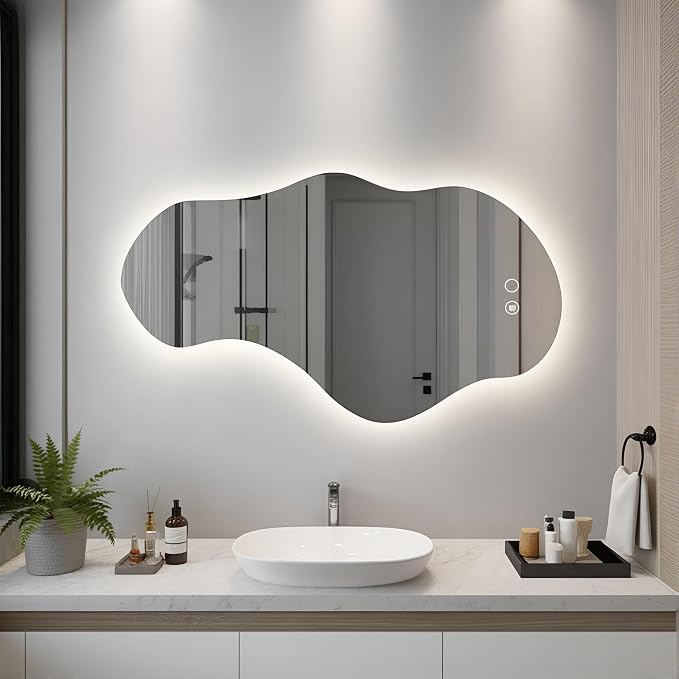 Modern Irregular LED Bathroom Mirror with Lights, Asymmetrical Frameless Smart Lighted Wall Mirror for Living Room Entryway, Large Decorative Makeup Vanity Mirror with Touch Switch(22.5″x39.4″)