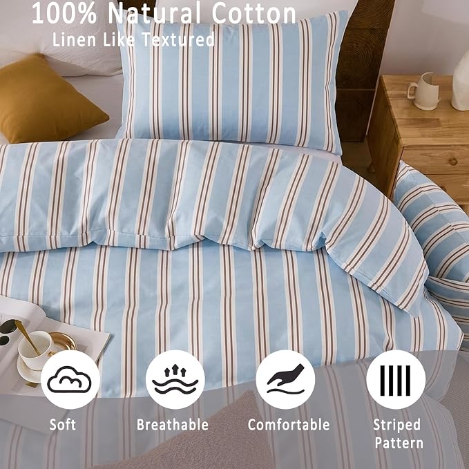 Merryword Striped Duvet Cover Set King Size - 100% Cotton Duvet Cover Set, Light Blue Ribbon Stripes Pattern Comforter Cover 3 Pieces, Soft Linen Like Bedding Set for All Seasons