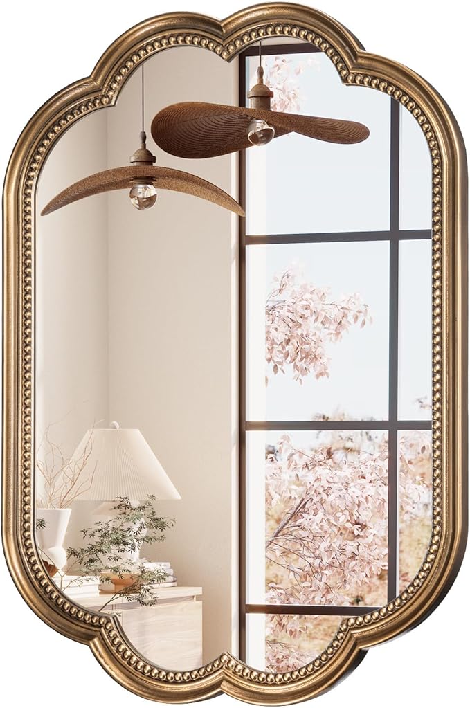 Scalloped Mirror, 20" x 36" Gold Oval Wall Mirror Beaded Frame Decorative, Antique Brass Mirrors Wooden for Over Sink, Bathroom, Bedroom, Living Room, Fireplace, Entryway