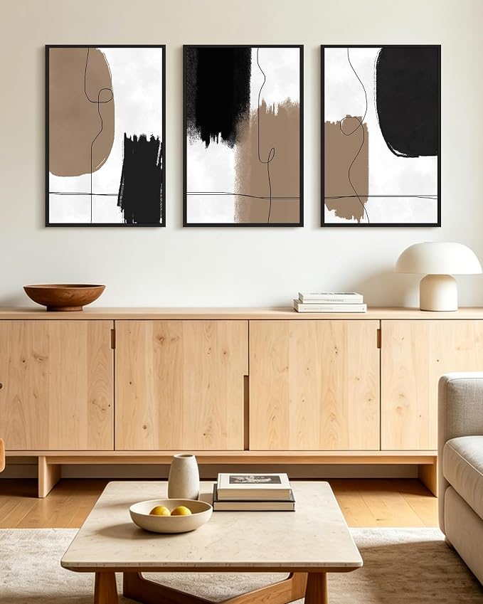 KUVIOKE Neutral Abstract Framed Wall Art Beige Mid Century Textured Wall Decor Minimalist Line Modern Illustrations Art Print Home Decor 16x24in (Black Framed)