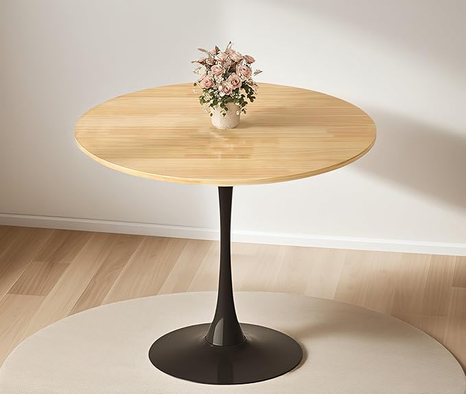 23.6 Inch Tulip Dining Table, Mid-Century Natural Wood Round Kitchen Table with MDF Tabletop and Pedestal Base, Modern Leisure Table for Small Space Kitchen Dining Room
