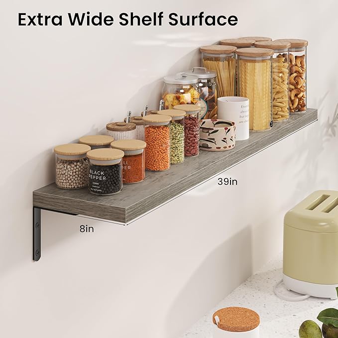 Marsmiles Extra Wide Floating Shelves for Wall, 40x8 Inch Natural Wood Grain Bookshelves, Heavy Duty Mounted Shelving for Bathroom, Kitchen, Living Room, Bedroom,Set of 2，Grey