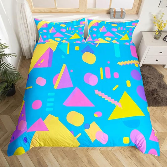 80s 90s Bedding Set Memphis Pattern Old Fashioned Comforter Cover King,Geometric Abstract Colorful Dots Funky Duvet Cover Retro Bed Set,Multicolor Vintage Rainbow 80'S Style 1980S Home Decor,Teal