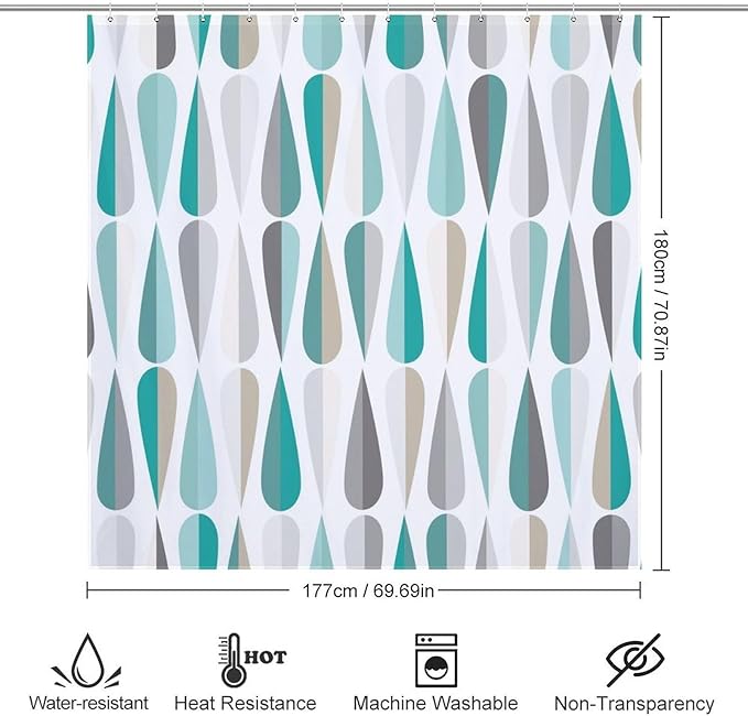 Mid Century Shower Curtain,Modern Retro with Drop Shapes Geometric 1960s Decor Bathroom Curtain Polyester Waterproof Fabric 72x72in（183x183cm）