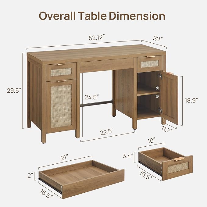 SICOTAS 52" Rattan Home Office Desk with 3 Drawers: Boho Executive Desk with 2 Storage Cabinets, Large Computer Writing Table for Study, Office, Living Room