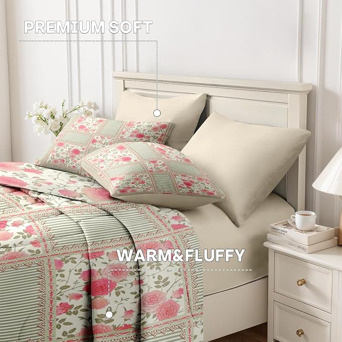 Nesker Comforter Set Queen Size, Floral Rose Leaves 7 Pcs Bedding for Kids and Adults, Shabby Chic Checkered Flower Bed Sheet Sets with Fitted Sheet 2 Pillowcases & 2 Shams
