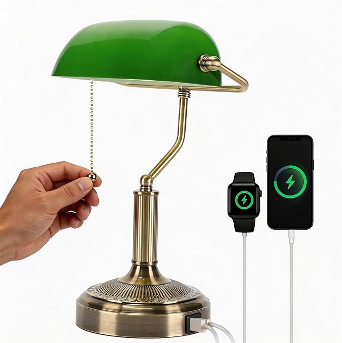Vintage Bankers Lamp, Green Glass with Antique Brass Finish, USB & Type-C Charging Ports, Pull Chain Desk Lamp for Home Office, Piano, Library (Green)