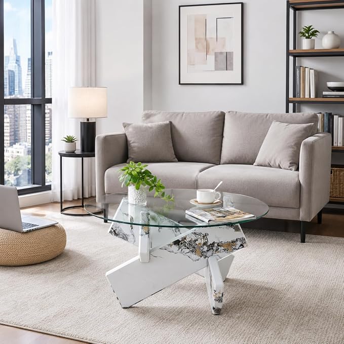 Round Glass Top Coffee Tables for Living Room, 33.4 Inch White Center Table, Mid Century Circle Cocktail Table with Marble-Looking Crossed Legs