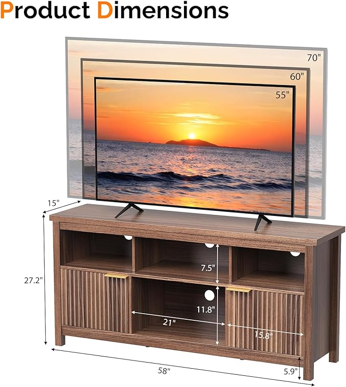 VINGLI 58" Fluted TV Stand for TVs up to 70", Modern TV Stand with Storage & Adjustable Shelves, Elegant Media Console Entertainment Center for Living Room & Bedroom, Walnut
