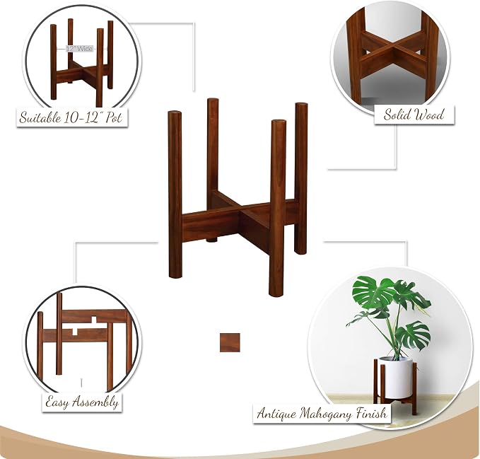Casual Home Mid-Century Modern, Fit Up to 12", Pot NOT Included Wood Plant Display Stand, Antique Mahogany