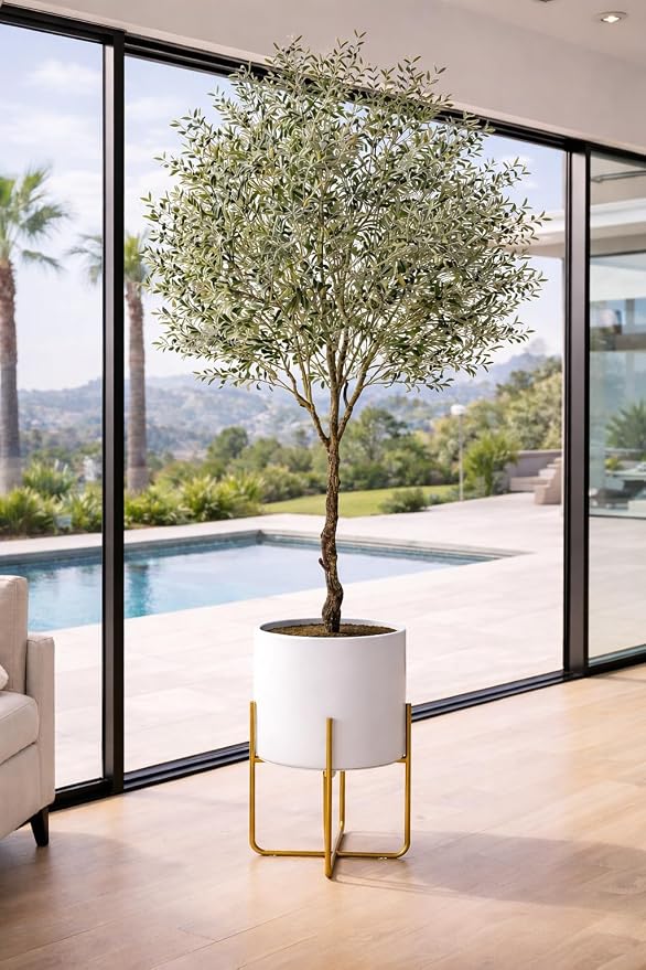 Kirpi Modern Planter Pots, Set of 2 Round White Planters with Gold Stand, Decorative Floor Planters, Metal Pots with Drainage Holes for Living Room, Office, Garden, 7 and 9 Inch Diameter