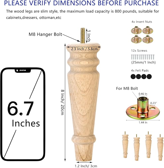 Maricome Unfinished Furniture Legs 8 inches Set of 4 Turned Wood Replacement Legs for Dresser Ottoman Chair Bench Solid Round Mid Century Screw in Pre-drilled M8 Bolt