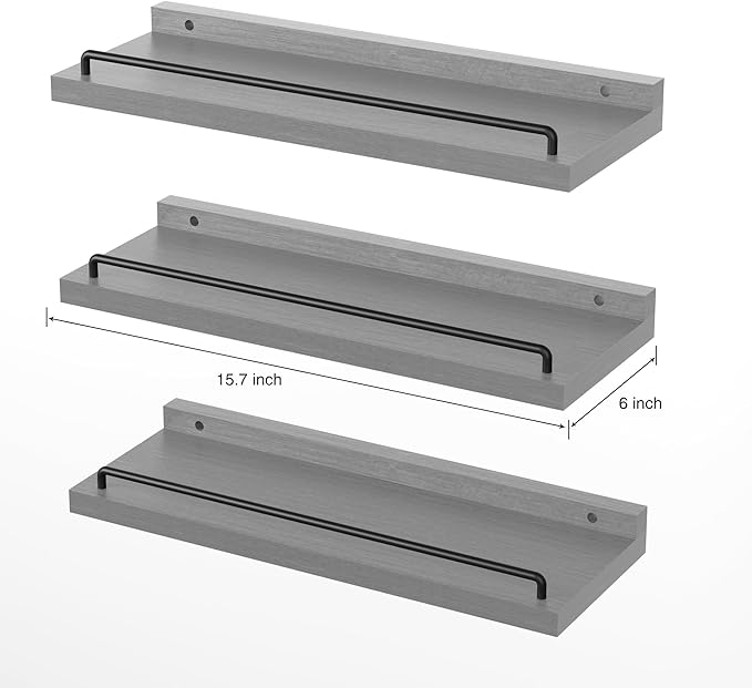 Floating Shelves for Wall Decor, Grey Shelves for Bathroom, Living Room, Bedroom, Picture Frames, Plants, Kitchen (Set of 3)