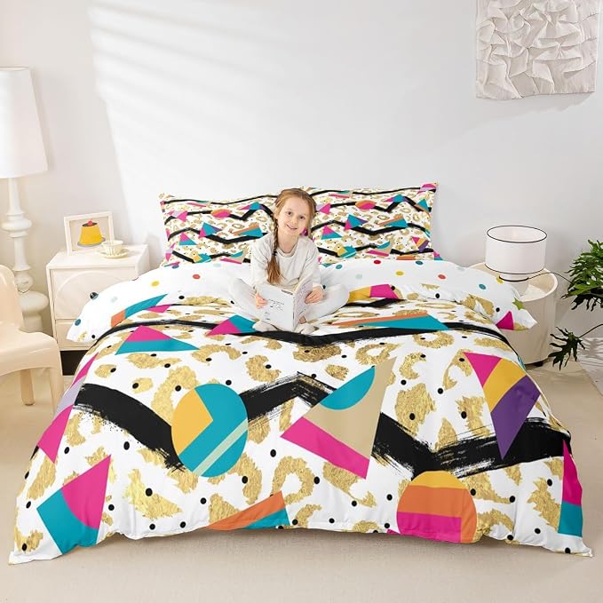 Cheetah Print Comforter Cover African Safari Animal Hide Bedding Set for Teens Mens Boys Retro 80s 90s Memphis Duvet Cover Circular Triangle Geometric Quilt Cover Urban Art Bedroom Decor King Size