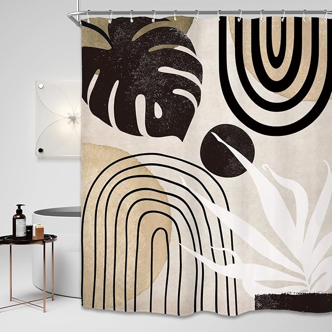 Miyotaa Abstract Black Tan Minimalist Shower Curtain Set 60Wx71H Inches Mid Century Aesthetic Modern Contemporary Plant Leaves Neutral Monstera Waterproof Bathroom Curtain with 12 Hooks
