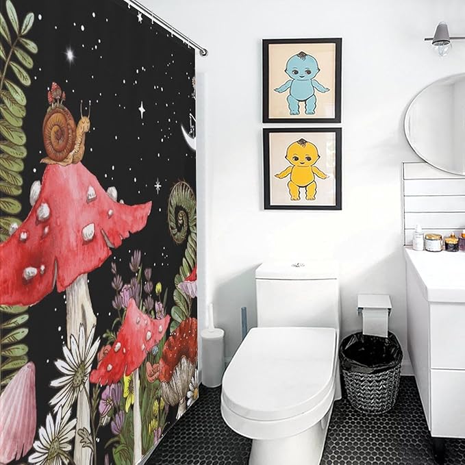 Mushroom Shower Curtain, Wild Floral Botanical Mushroom Moon Gothic Cottagecore Nature Plants Herbs Black Vintage Rustic Waterproof Fabric Bathroom Shower Curtain Set with Hooks, 72"x72" Inch