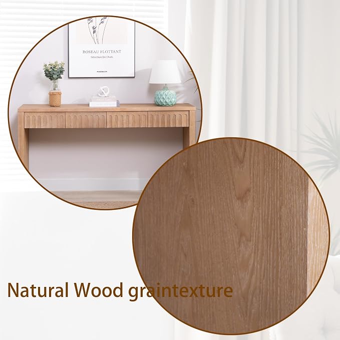 Wood Console Table, 59.2" Retro Long Sofa Table Behind Couch with 4 Drawers, Farmhouse Wooden Narrow Sofa Table Hall Table for Living Room Foyer Entrance Entryway, Natural