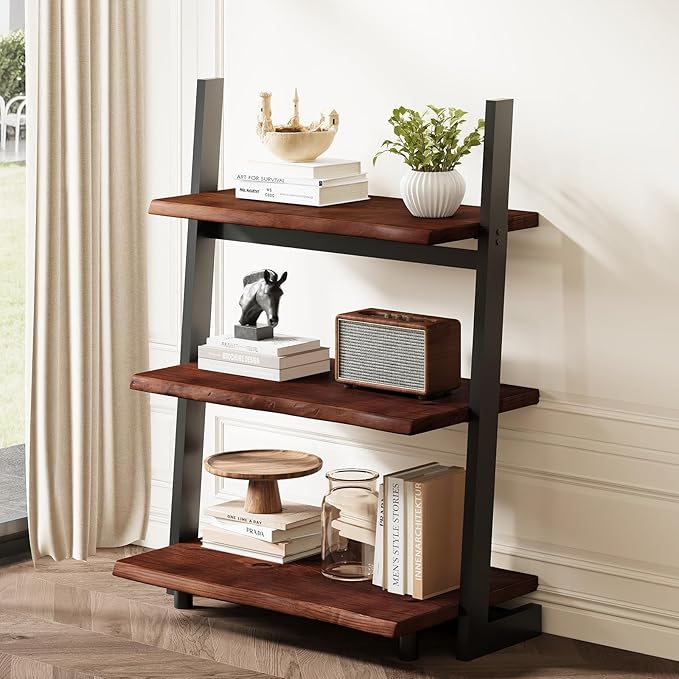 IBF 3-Tier Solid Wood Ladder Bookshelf with Natural Live Edge, Rustic Walnut Storage & Display Leaning Bookcase, Modern Space-Saving Shelf for Living Room, Bedroom, Home Office