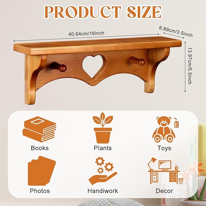 Novabright 2 Pcs Wooden Heart Shelves 16" Vintage Floating Shelf with Hooks Natural Walnut Pine Wood Coat Rack Wall Mounted Hanging Shelf for Living Room Bedroom Bathroom Home Decor